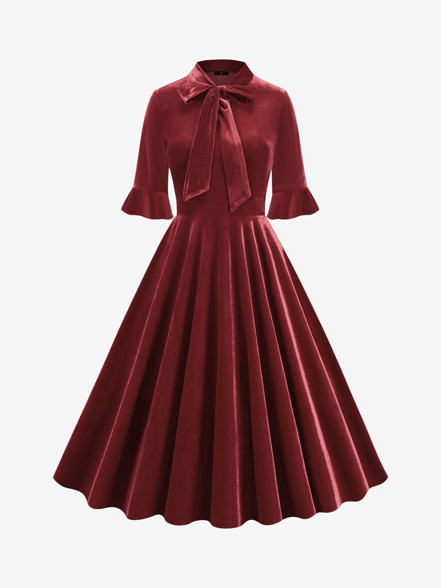 Vintage Velvet Ruffled Sleeves Bow Tie Midi Swing Dress