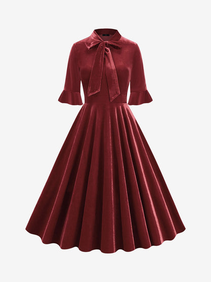 Vintage Velvet Ruffled Sleeves Bow Tie Midi Swing Dress
