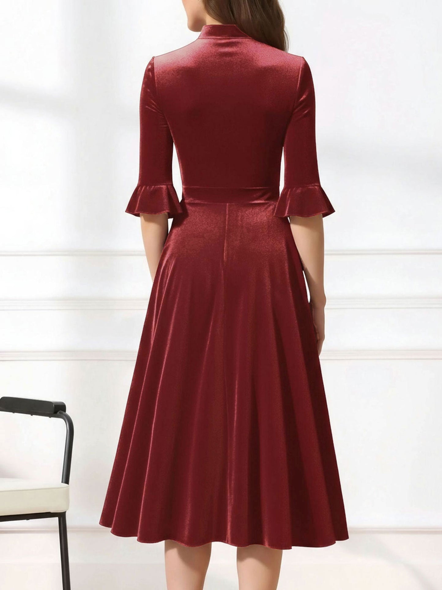 Vintage Velvet Ruffled Sleeves Bow Tie Midi Swing Dress