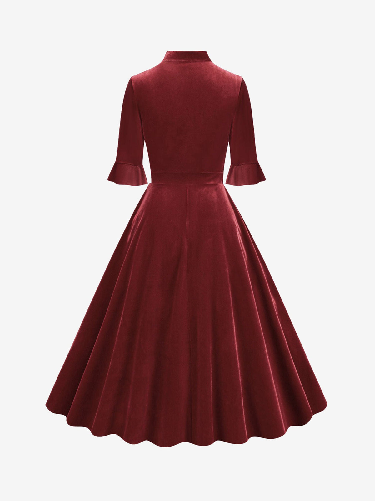 Vintage Velvet Ruffled Sleeves Bow Tie Midi Swing Dress