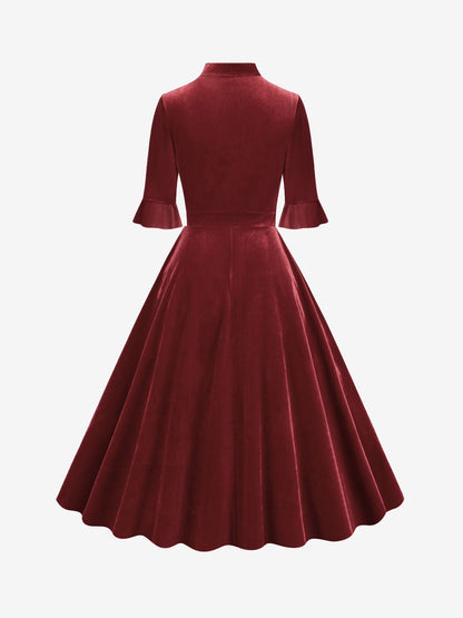Vintage Velvet Ruffled Sleeves Bow Tie Midi Swing Dress