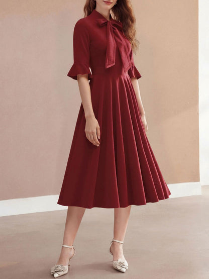 Vintage Velvet Ruffled Sleeves Bow Tie Midi Swing Dress