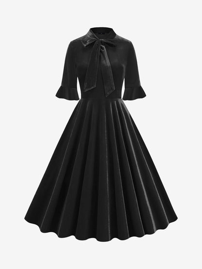 Vintage Velvet Ruffled Sleeves Bow Tie Midi Swing Dress