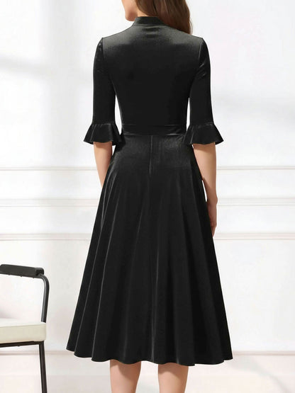 Vintage Velvet Ruffled Sleeves Bow Tie Midi Swing Dress