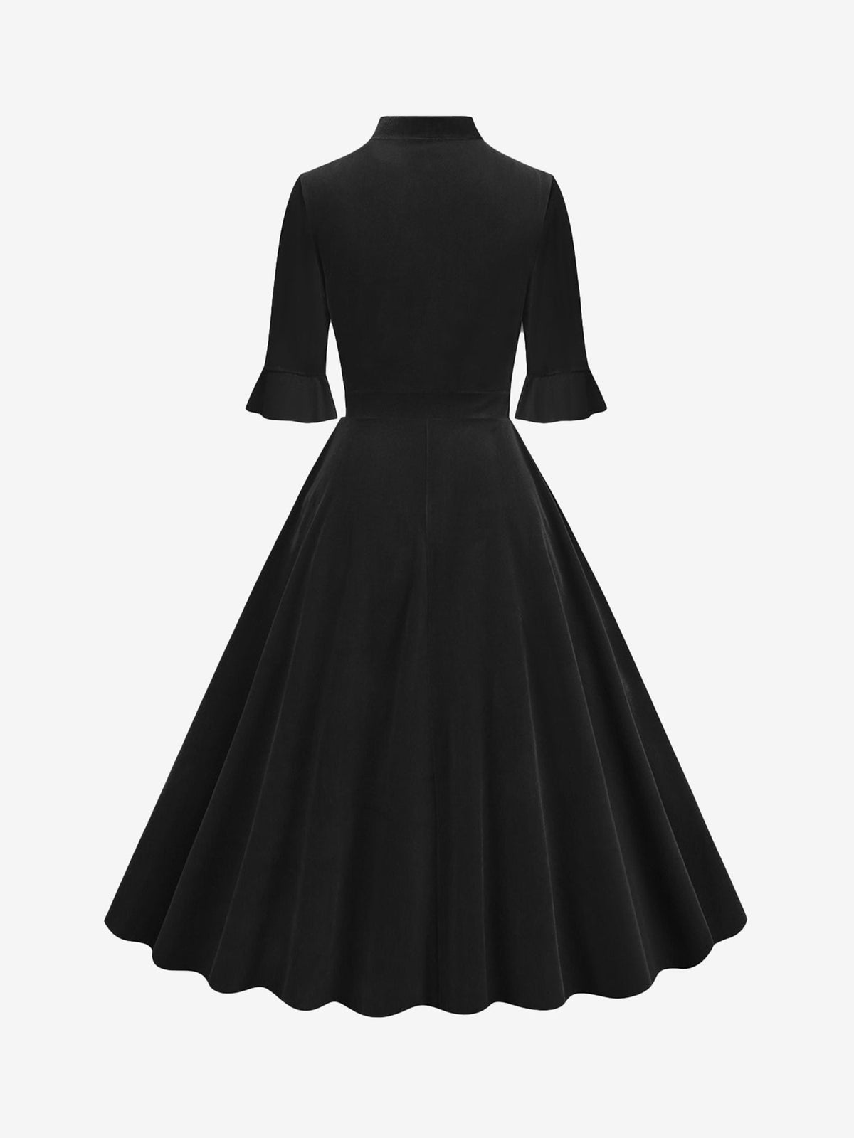 Vintage Velvet Ruffled Sleeves Bow Tie Midi Swing Dress