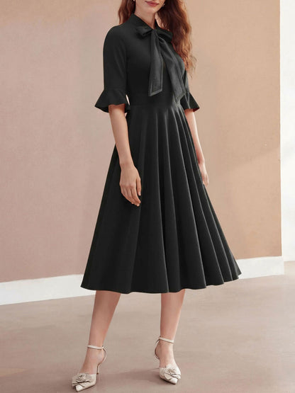 Vintage Velvet Ruffled Sleeves Bow Tie Midi Swing Dress