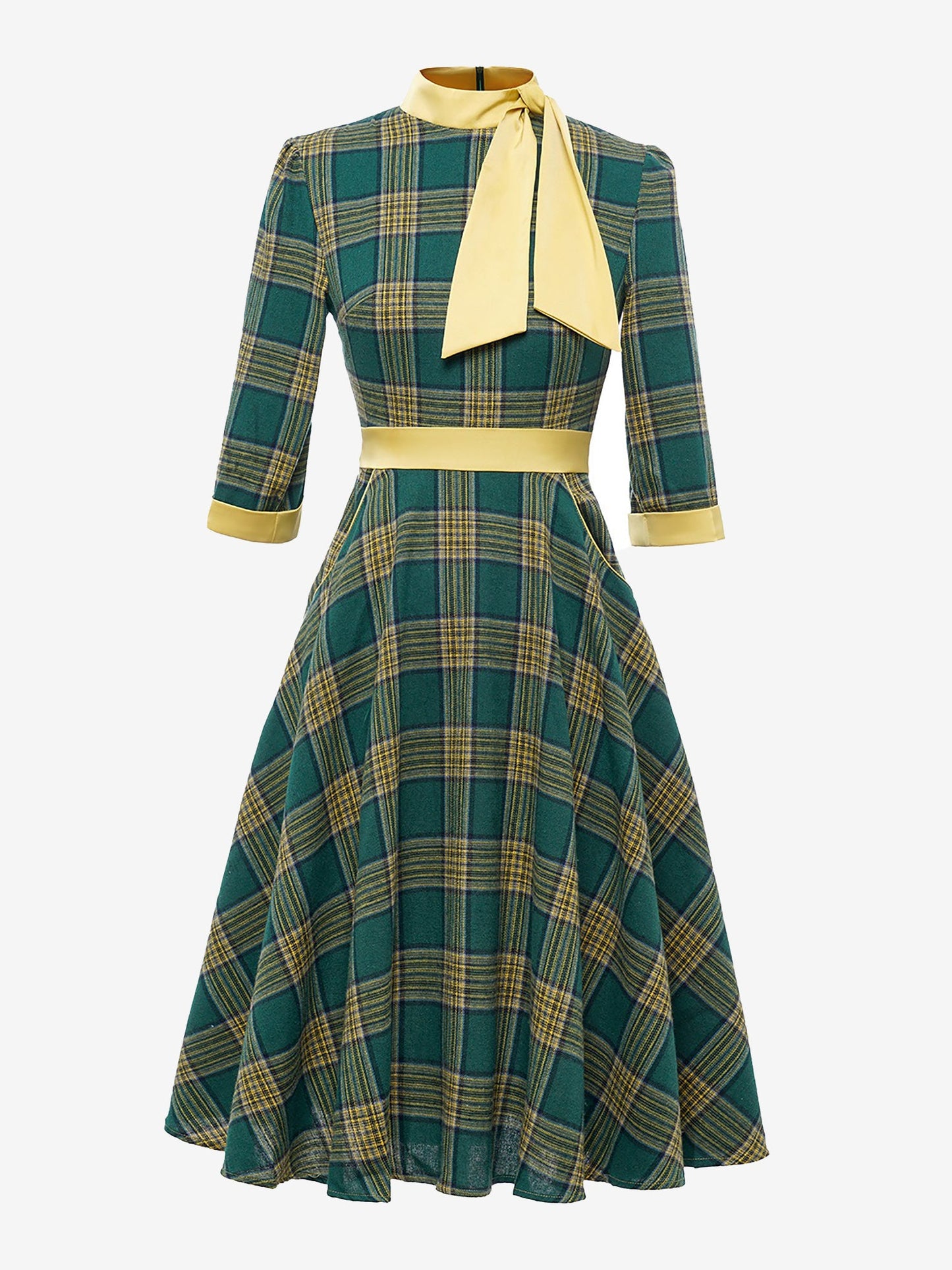 Bow Tie Neck 3/4 Sleeves Pockets Plaid A-Line Dress