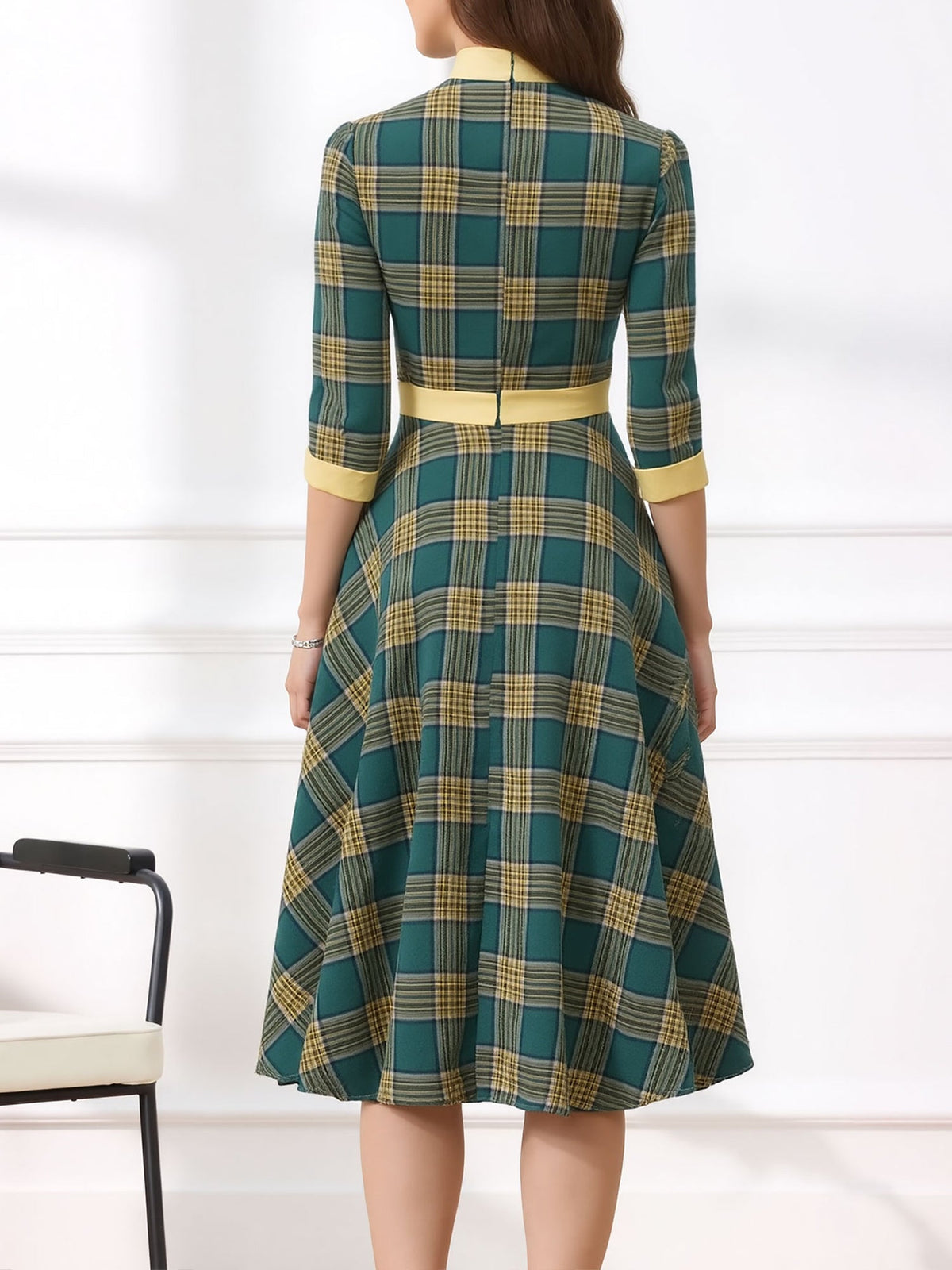 Bow Tie Neck 3/4 Sleeves Pockets Plaid A-Line Dress