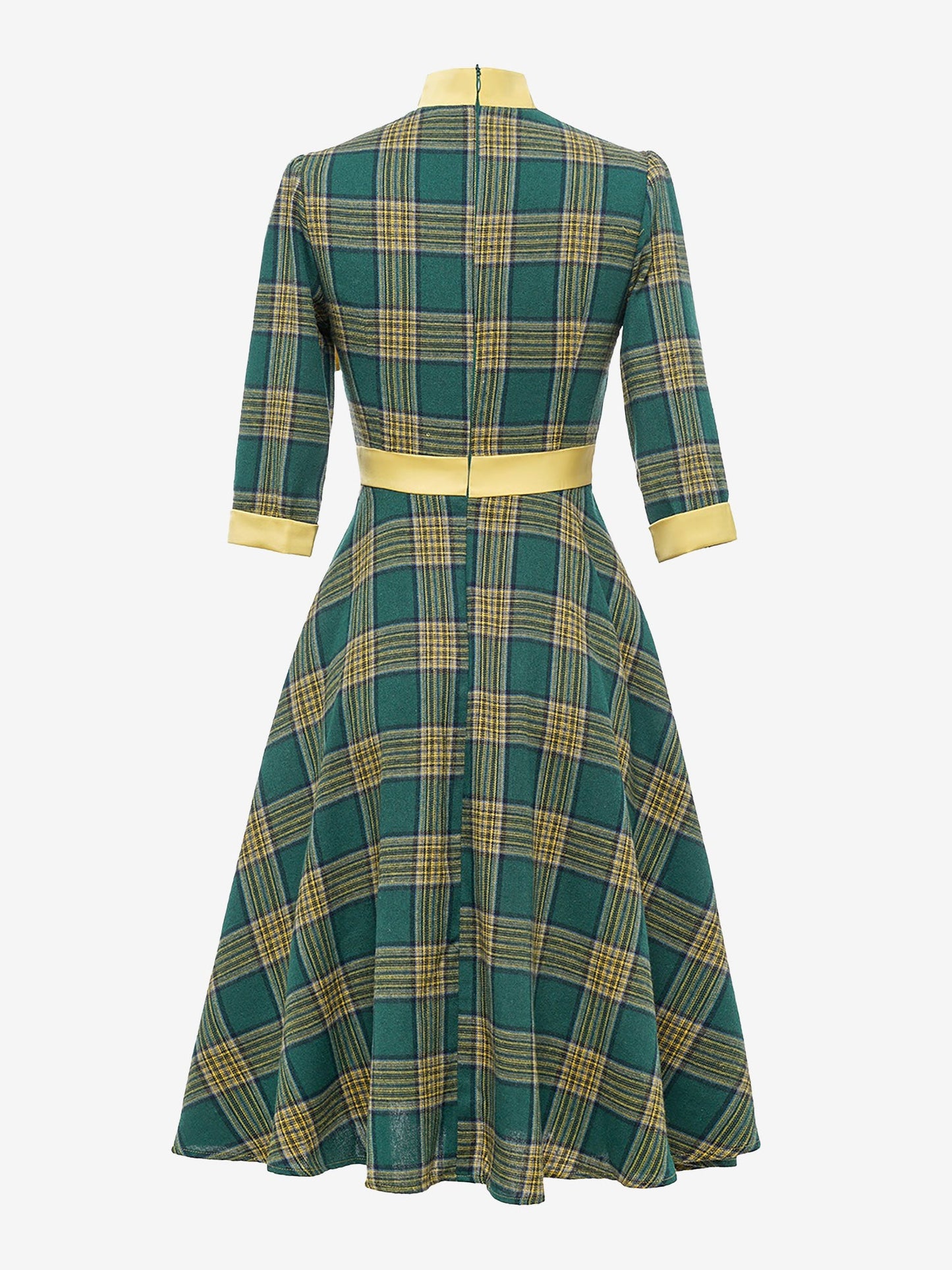 Bow Tie Neck 3/4 Sleeves Pockets Plaid A-Line Dress