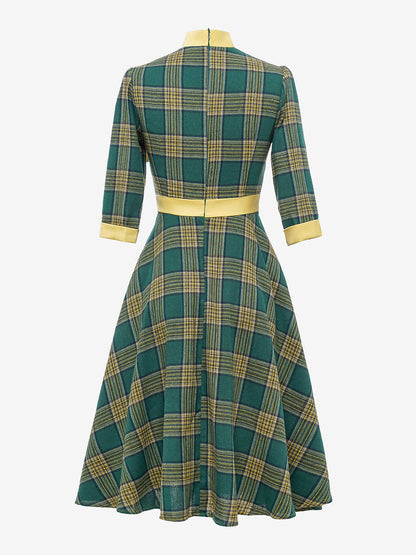 Bow Tie Neck 3/4 Sleeves Pockets Plaid A-Line Dress