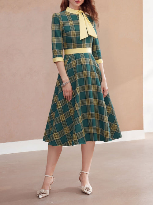 Bow Tie Neck 3/4 Sleeves Pockets Plaid A-Line Dress