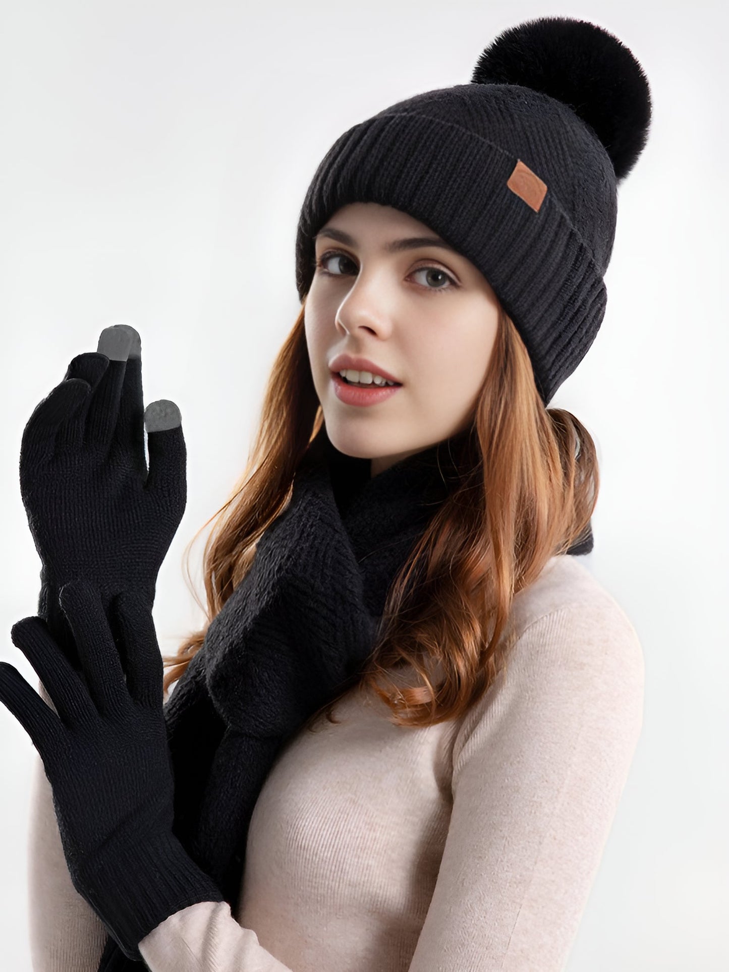 3 Pieces Knitted Beanie Hat & Scarf & Gloves Set