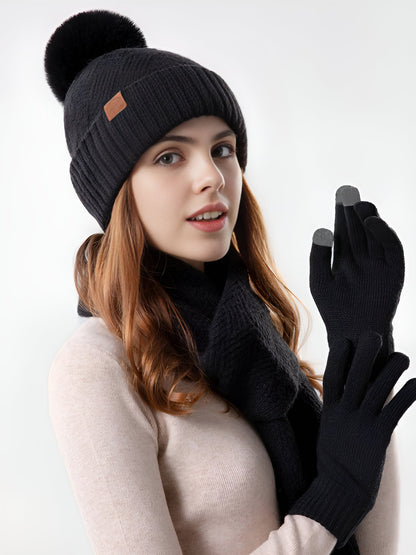 3 Pieces Knitted Beanie Hat & Scarf & Gloves Set