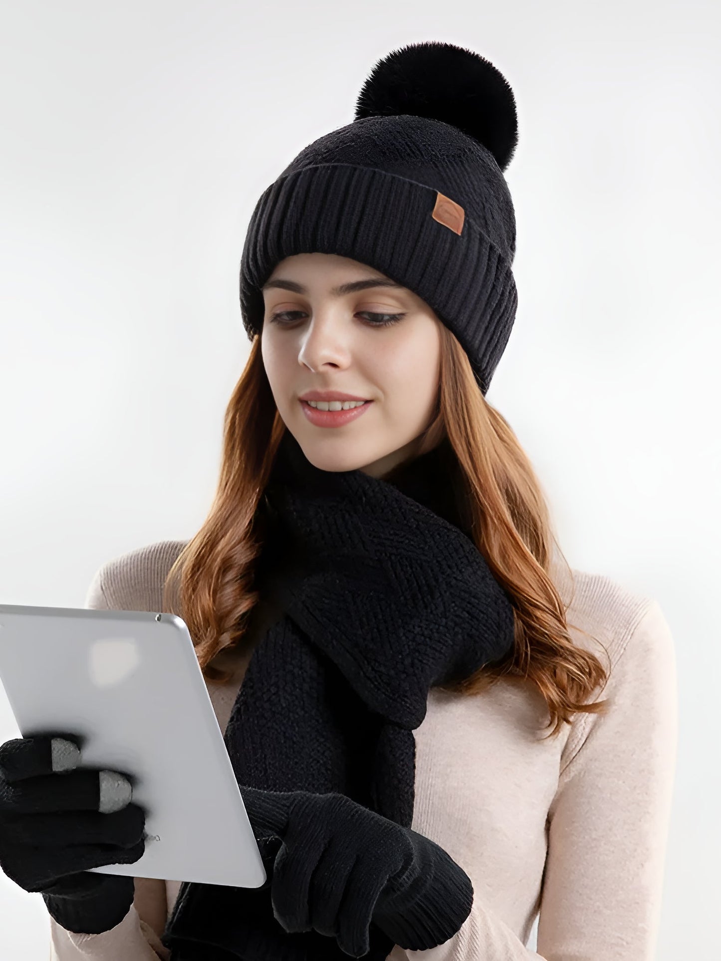 3 Pieces Knitted Beanie Hat & Scarf & Gloves Set