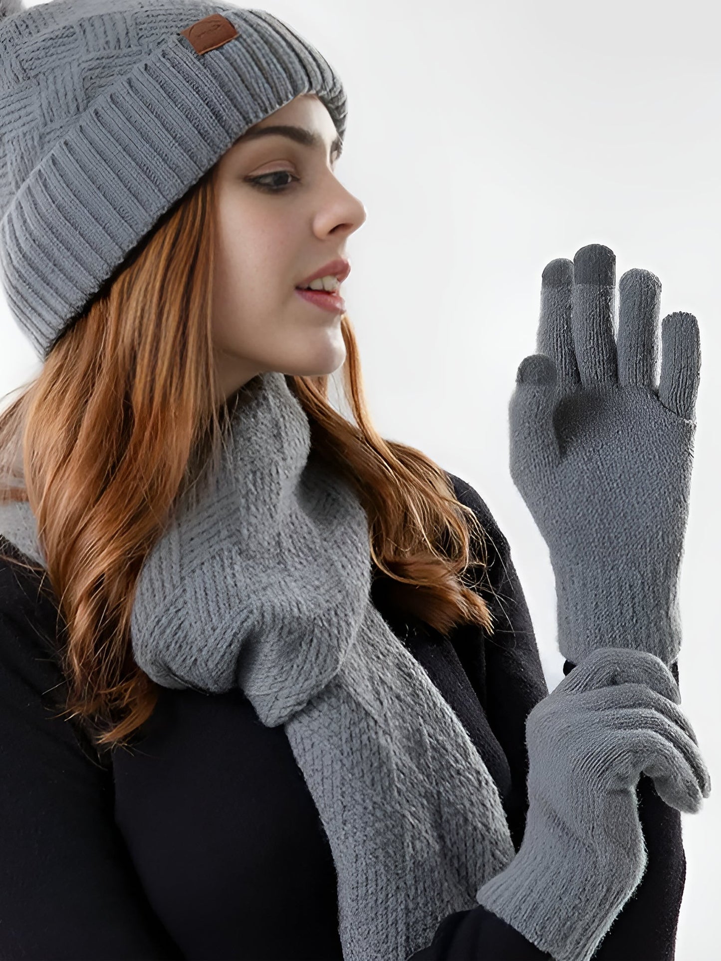3 Pieces Knitted Beanie Hat & Scarf & Gloves Set
