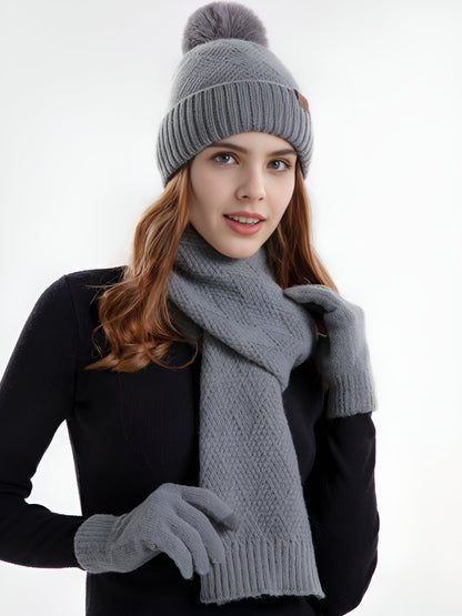 3 Pieces Knitted Beanie Hat & Scarf & Gloves Set