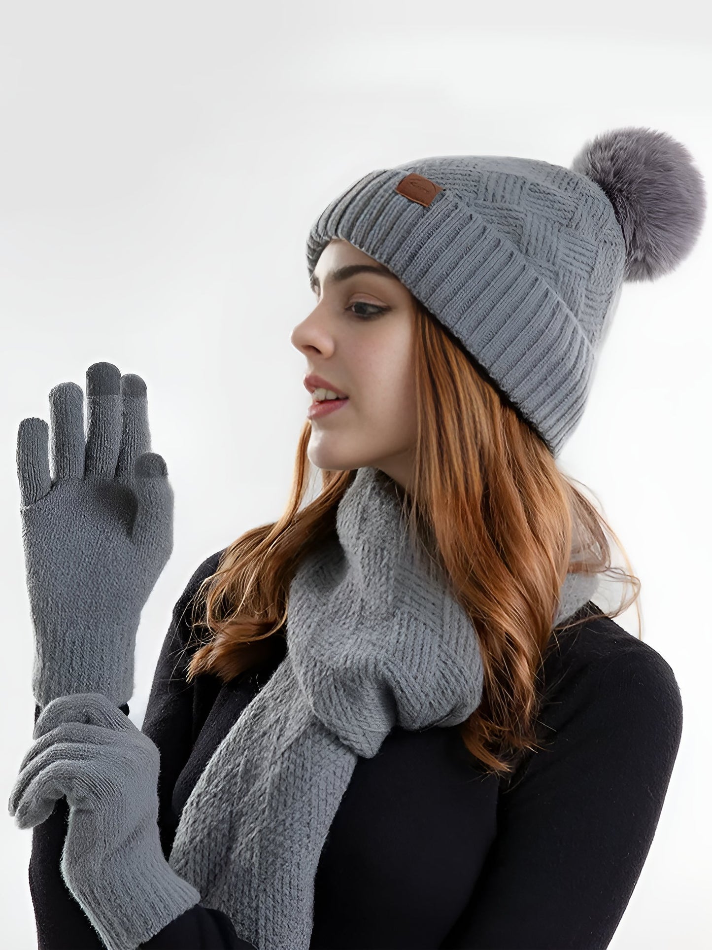 3 Pieces Knitted Beanie Hat & Scarf & Gloves Set