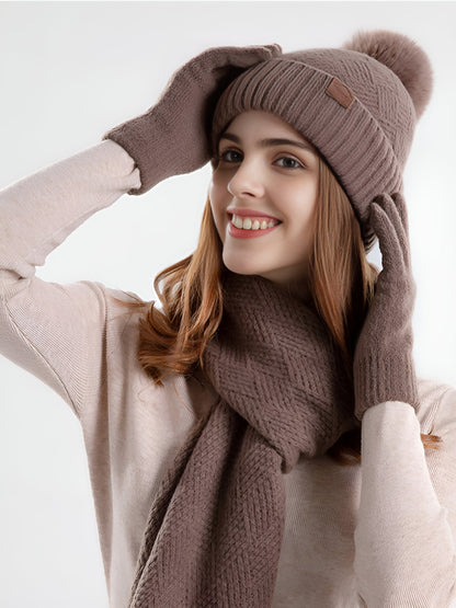 3 Pieces Knitted Beanie Hat & Scarf & Gloves Set