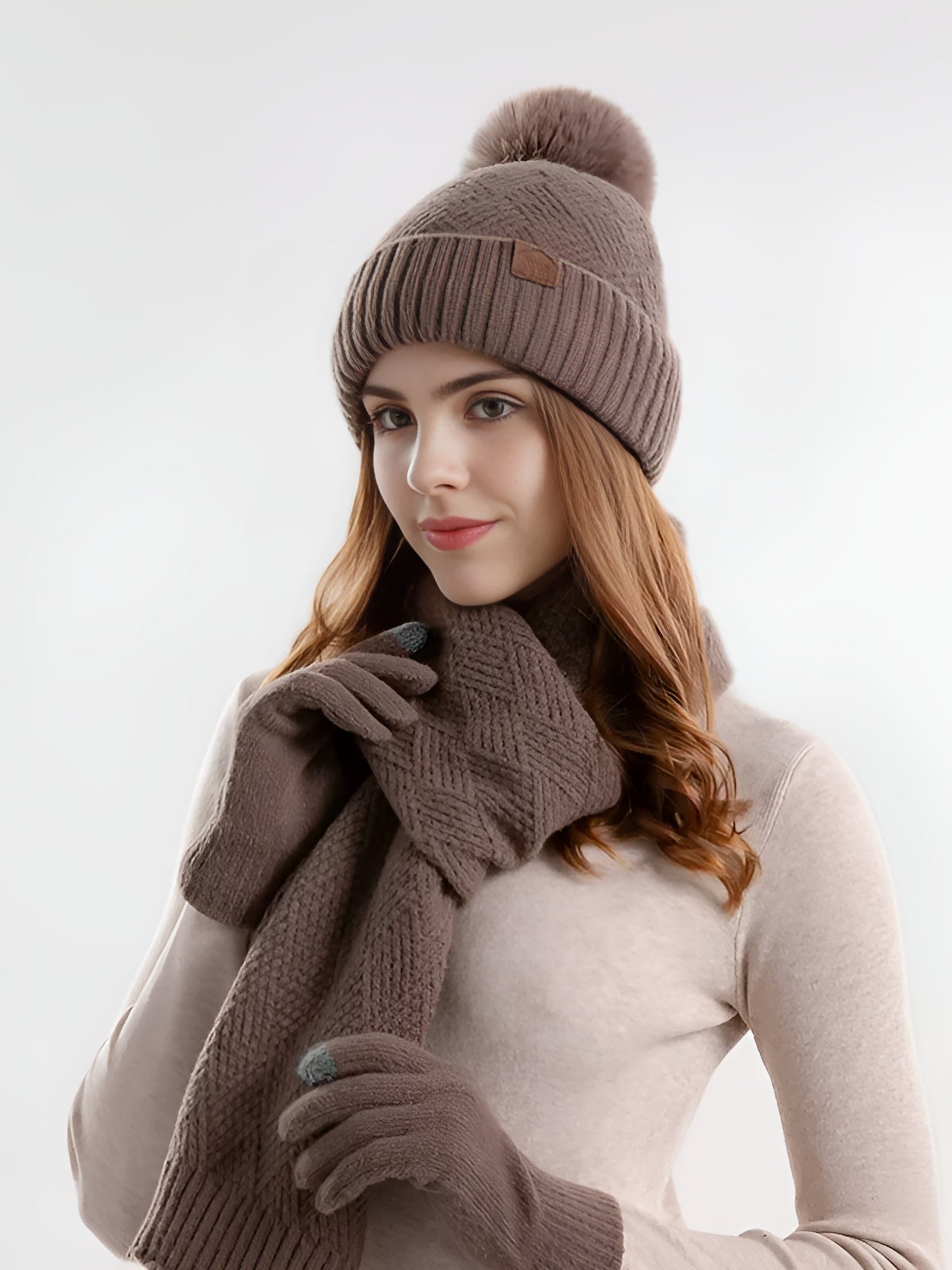 3 Pieces Knitted Beanie Hat & Scarf & Gloves Set