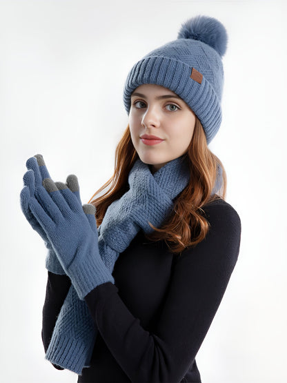 3 Pieces Knitted Beanie Hat & Scarf & Gloves Set