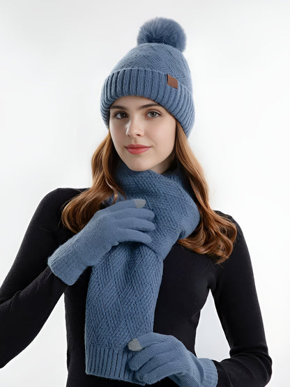 3 Pieces Knitted Beanie Hat & Scarf & Gloves Set