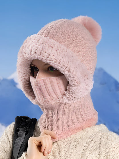 Windproof Fleece Lined Warm Beanie Hat Scarf All-in-one