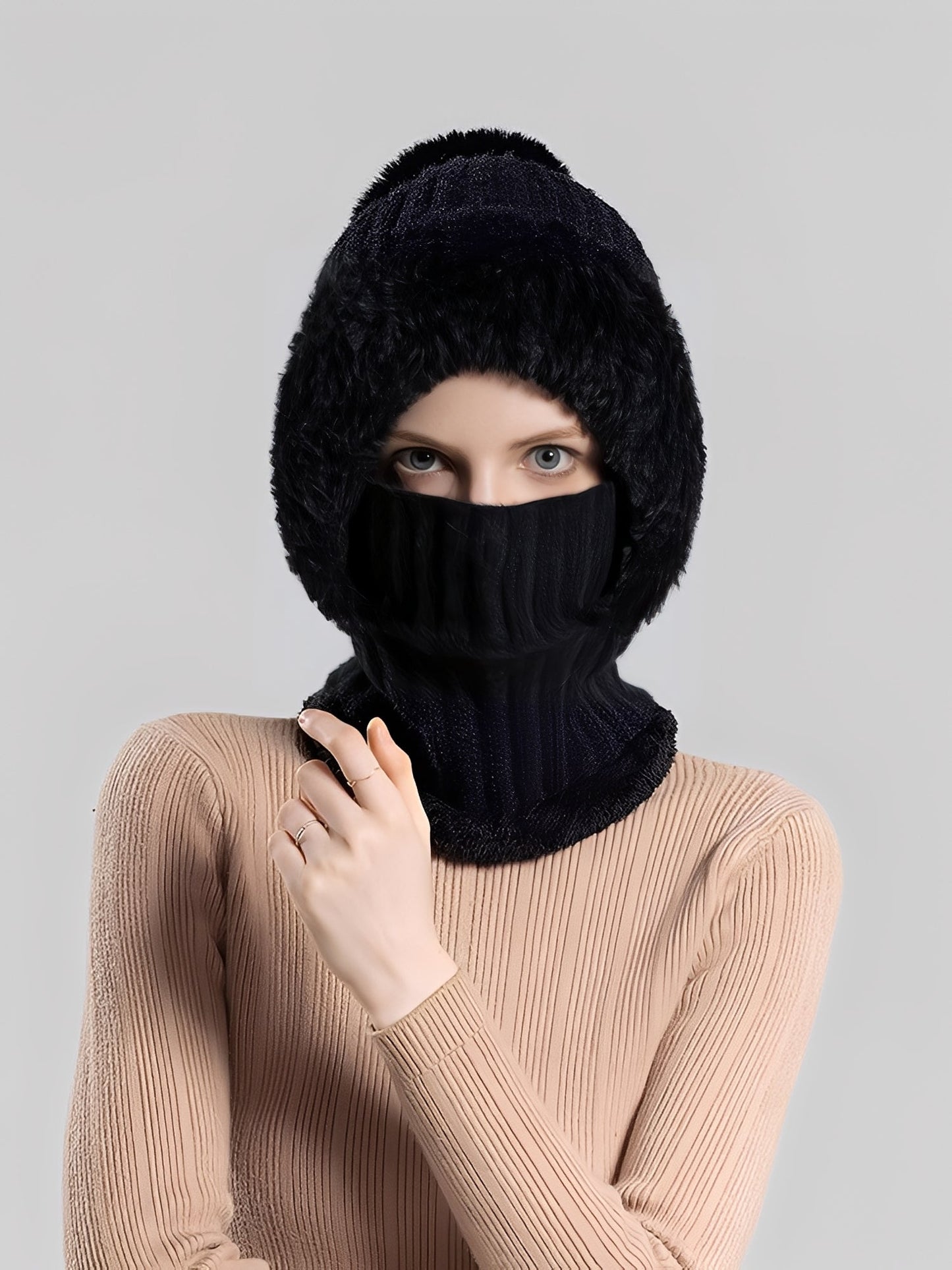 Windproof Fleece Lined Warm Beanie Hat Scarf All-in-one