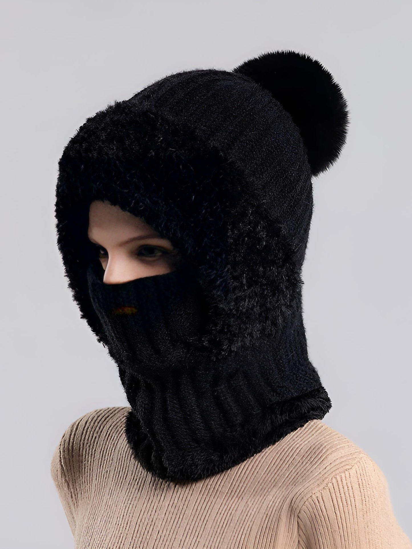 Windproof Fleece Lined Warm Beanie Hat Scarf All-in-one