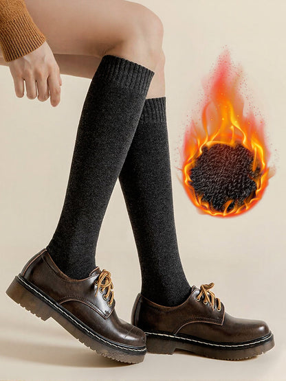 Winter Solid Color Fleece Lined Knee High Socks