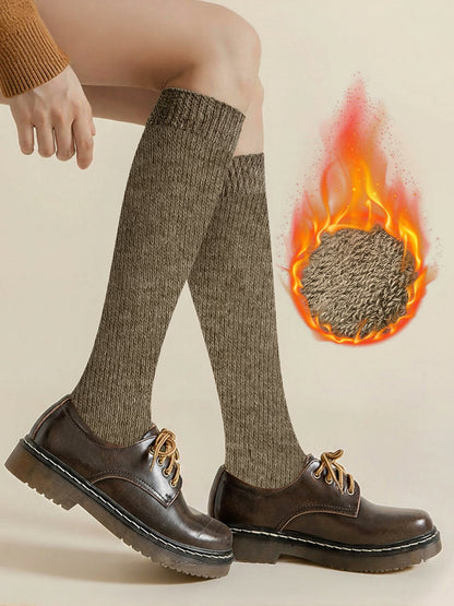 Winter Solid Color Fleece Lined Knee High Socks