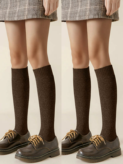 Winter Solid Color Fleece Lined Knee High Socks