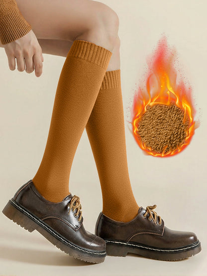 Winter Solid Color Fleece Lined Knee High Socks