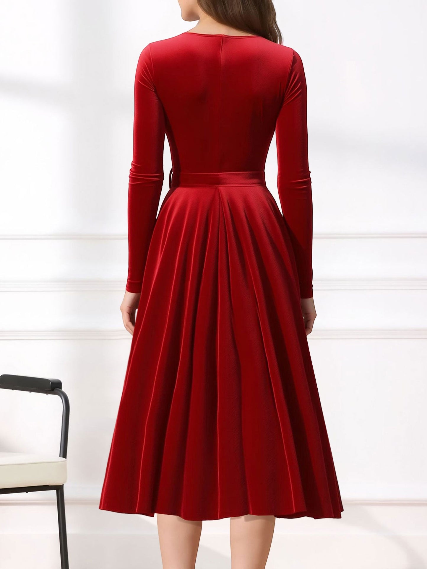 Christmas Velvet V Neck Long Sleeves Midi A-Line Dress