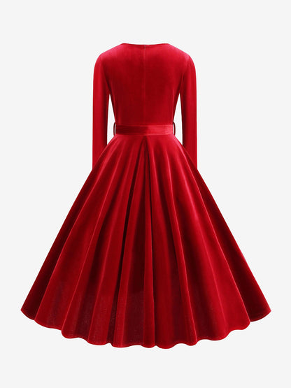 Christmas Velvet V Neck Long Sleeves Midi A-Line Dress