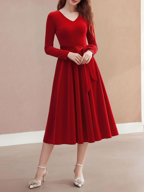 Christmas Velvet V Neck Long Sleeves Midi A-Line Dress
