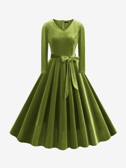 Christmas Velvet V Neck Long Sleeves Midi A-Line Dress