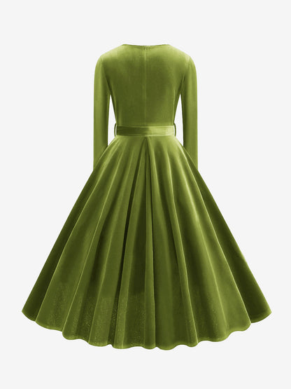 Christmas Velvet V Neck Long Sleeves Midi A-Line Dress