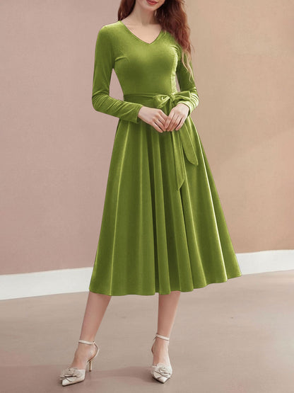 Christmas Velvet V Neck Long Sleeves Midi A-Line Dress