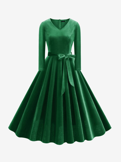 Christmas Velvet V Neck Long Sleeves Midi A-Line Dress