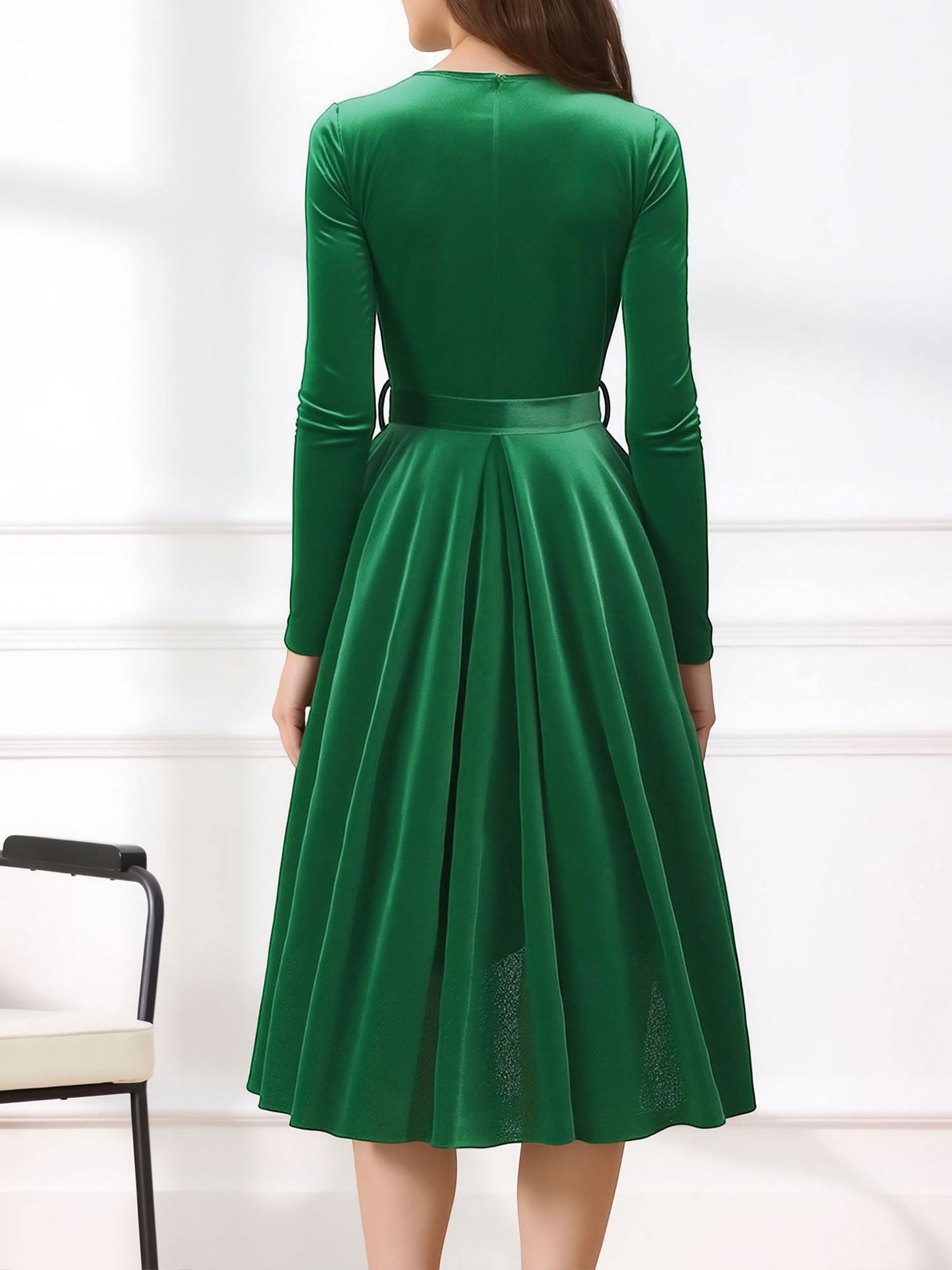 Christmas Velvet V Neck Long Sleeves Midi A-Line Dress