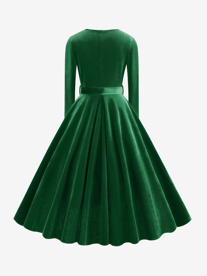 Christmas Velvet V Neck Long Sleeves Midi A-Line Dress