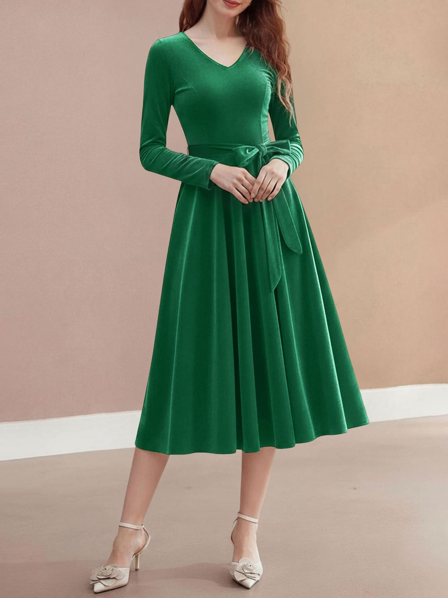 Christmas Velvet V Neck Long Sleeves Midi A-Line Dress