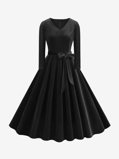 Christmas Velvet V Neck Long Sleeves Midi A-Line Dress