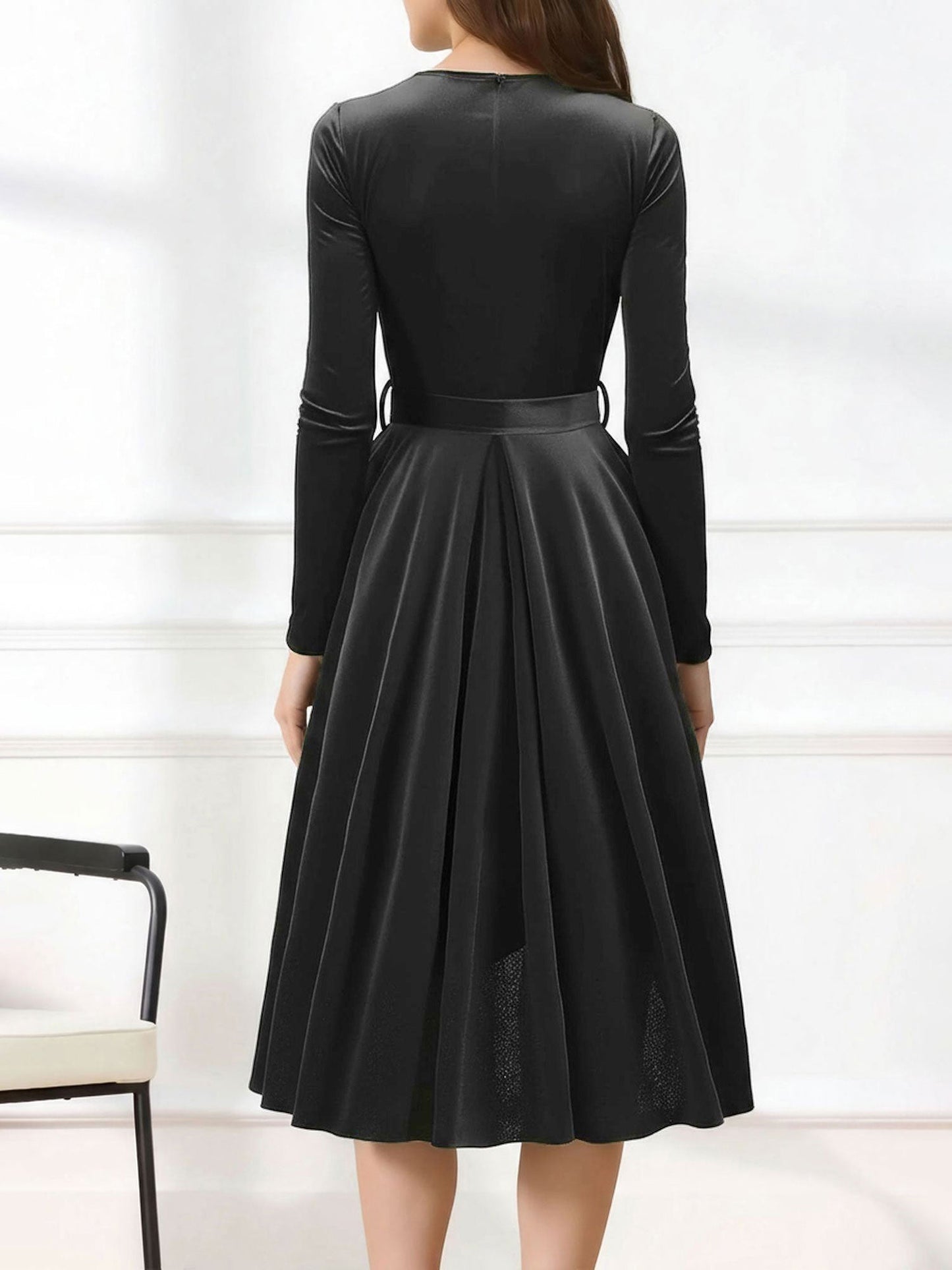 Christmas Velvet V Neck Long Sleeves Midi A-Line Dress