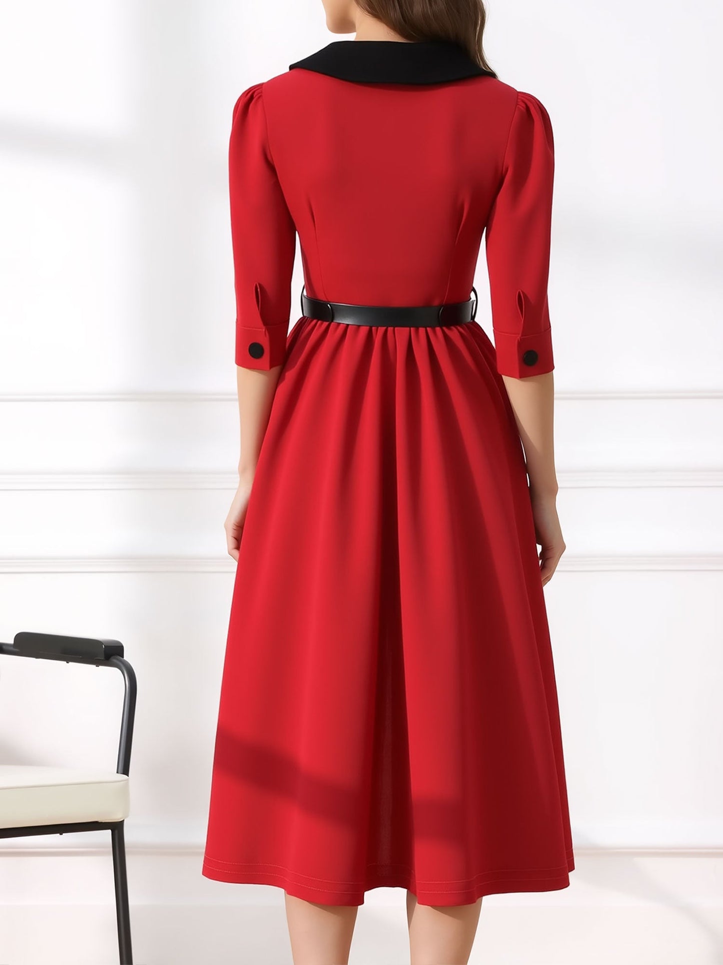 Vintage Peter Pan Collar Belted A-Line Midi Dress