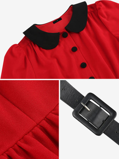 Vintage Peter Pan Collar Belted A-Line Midi Dress