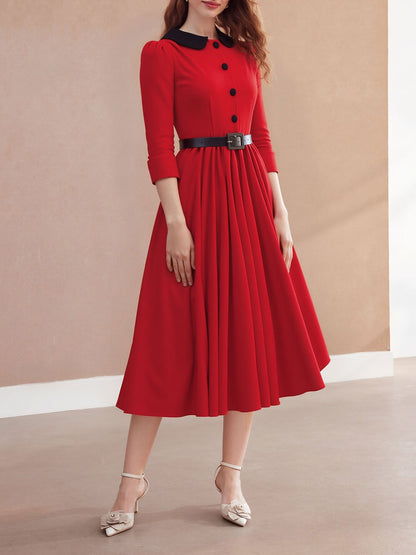 Vintage Peter Pan Collar Belted A-Line Midi Dress