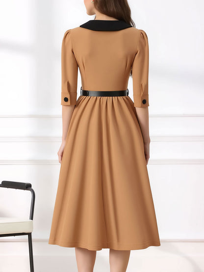 Vintage Peter Pan Collar Belted A-Line Midi Dress