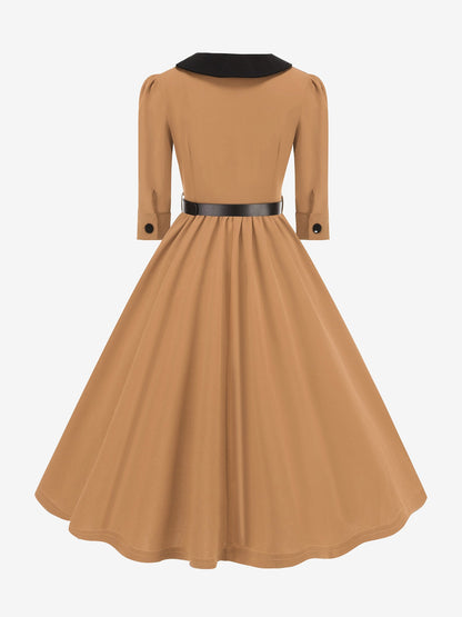 Vintage Peter Pan Collar Belted A-Line Midi Dress
