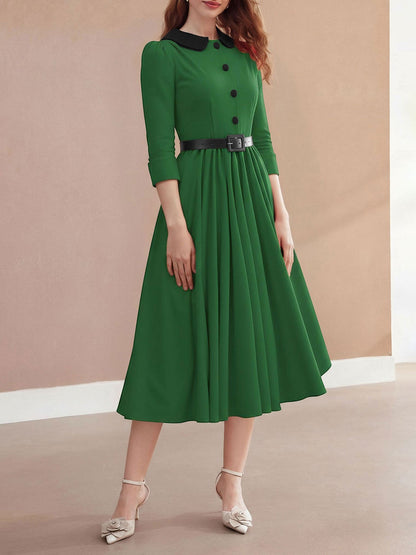 Vintage Peter Pan Collar Belted A-Line Midi Dress